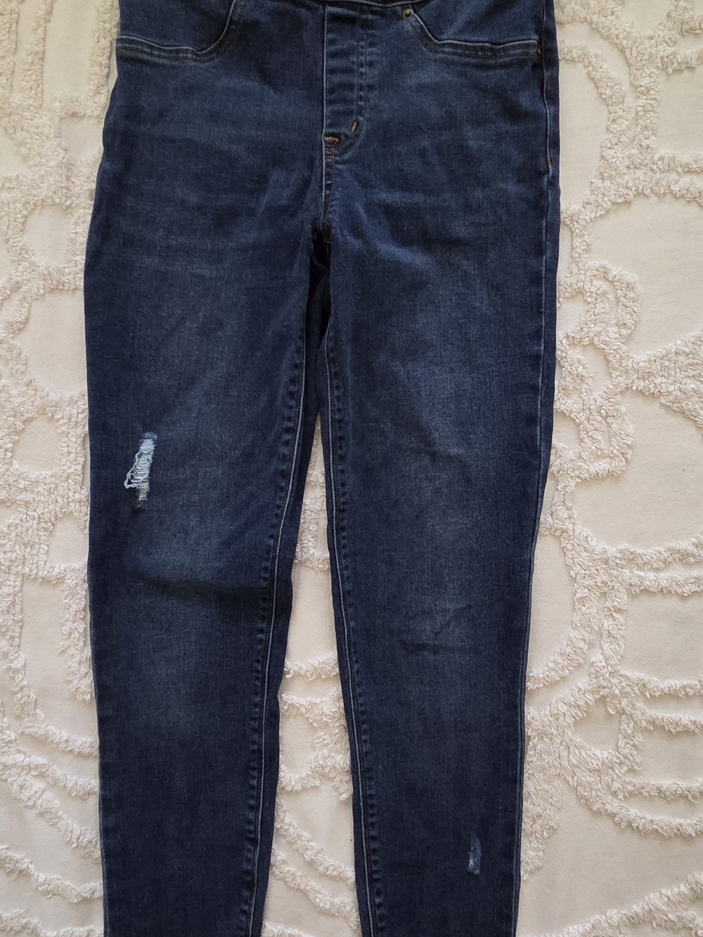 Spanx Distressed Ankle Skinny Jeans Pull On Denim Leggings Blue XS Raw Hem
